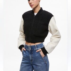 Alice + Olivia Black and Cream Bomber Jacket small women’s color block bomber